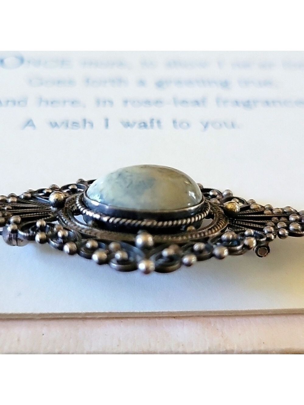 Victorian Filigree Pin Brooch with Granulation and Bezel Set Gemstone - Picture 3 of 7